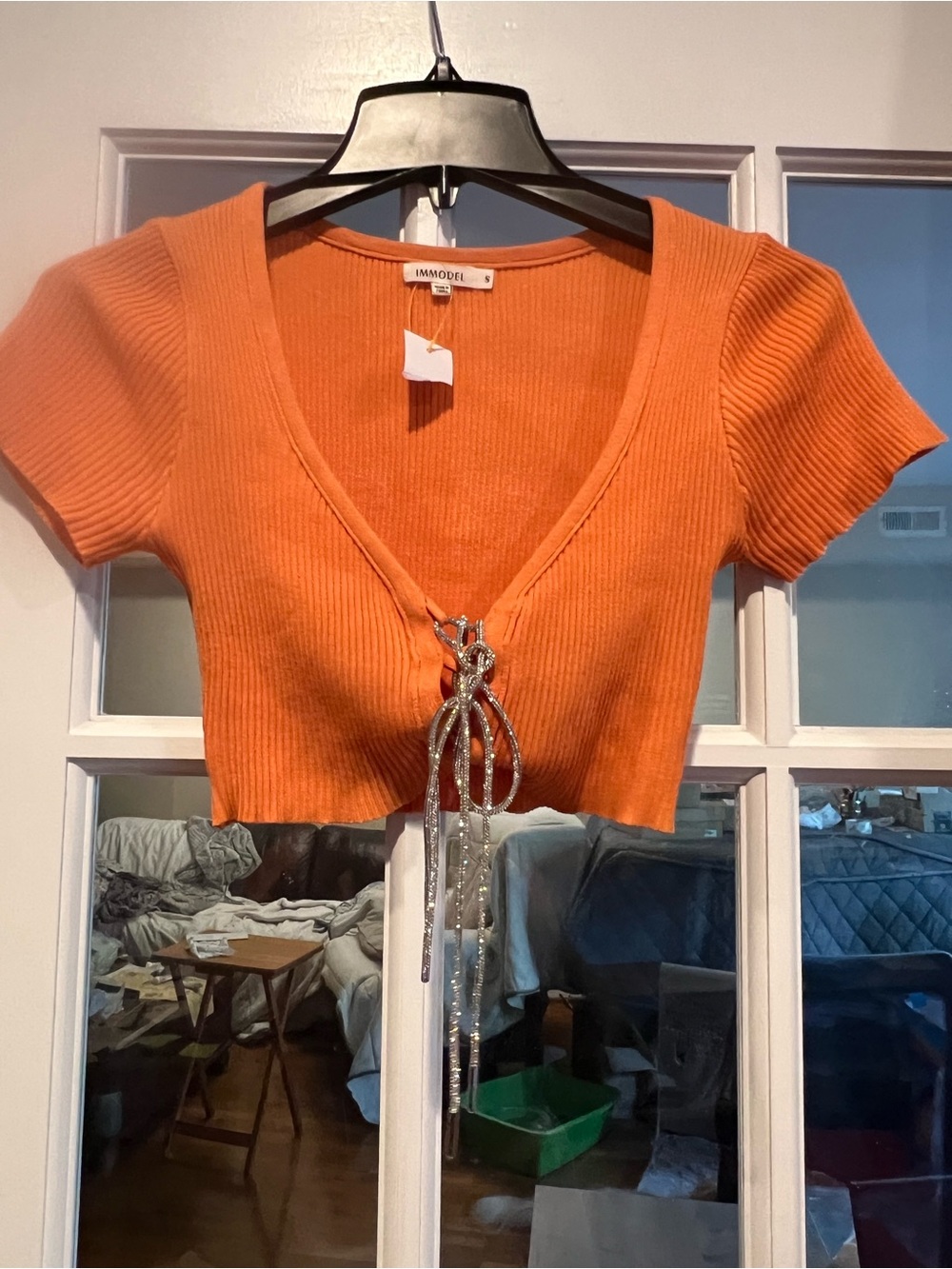 Immodel Orange Ribbed V-Neck Crop Top with Sparkle Tie
